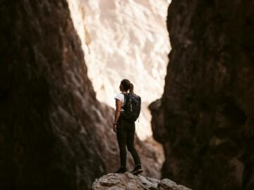 a person standing on a rock in a canyon